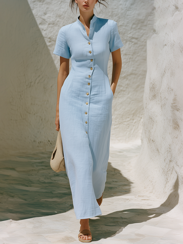 Light Blue Linen-Blend Stand Collar Button-Front Maxi Dress