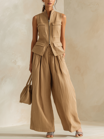 Khaki Cotton-Linen Blend Utility Vest & Wide-Leg Pleated Pants Two-Piece Set