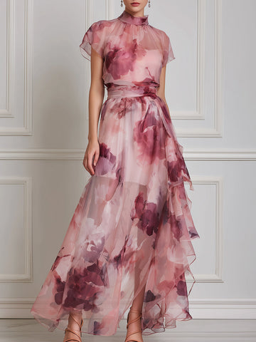 Romantic Watercolor Floral Chiffon Maxi Dress