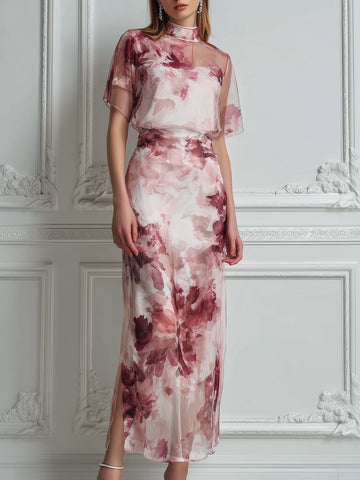 Elegant Watercolor Floral Sheer Midi Dress