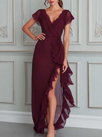 Elegant Lace Trim Ruffle Wrap Maxi Dress
