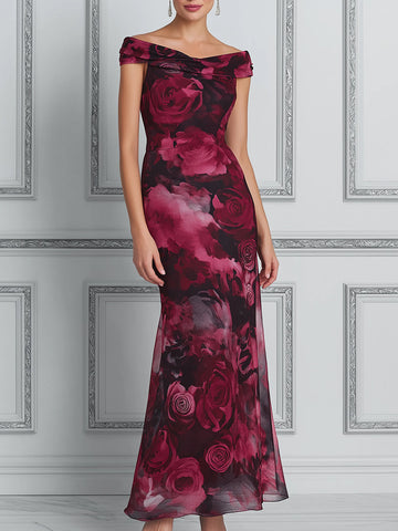 Elegant Off-Shoulder Rose Print Maxi Dress