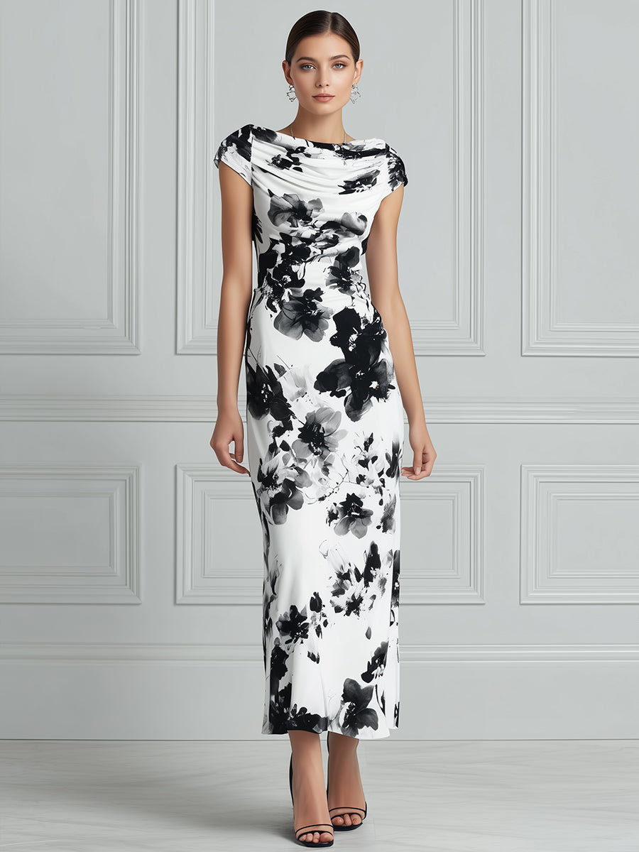Elegant Monochrome Floral Draped Maxi Dress