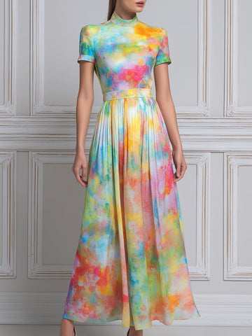 Mock Neck Watercolor Impressionist Print Pleated Midi Dress