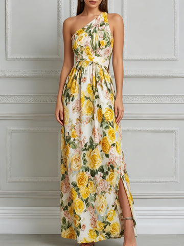 One‑Shoulder Yellow Rose Floral Print Maxi Gown
