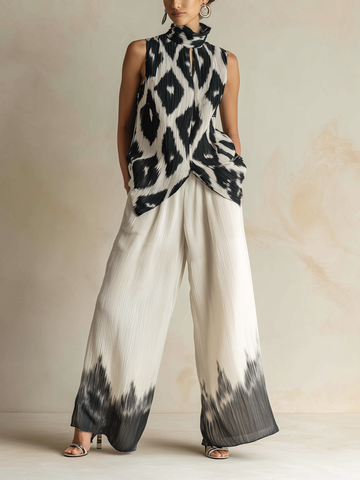 Black & White Ikat Print Pleated Sleeveless Top & Dip-Dye Wide-Leg Pants Set