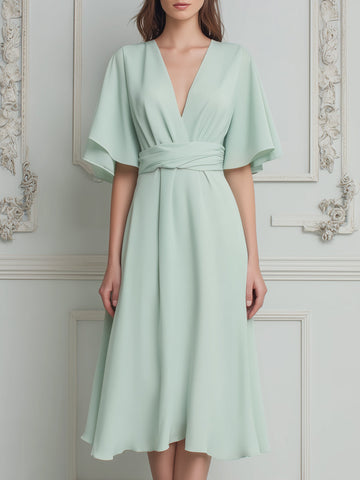 Mint Green Chiffon Flutter‑Sleeve Twist‑Waist Midi Dress