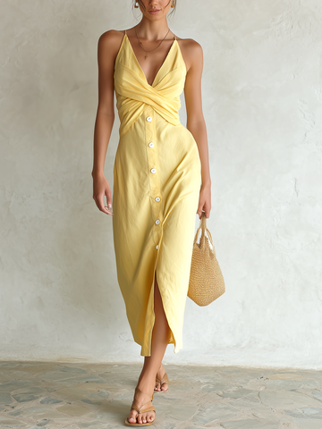 Yellow Linen-Blend Twist-Front Button-Front Midi Slip Dress