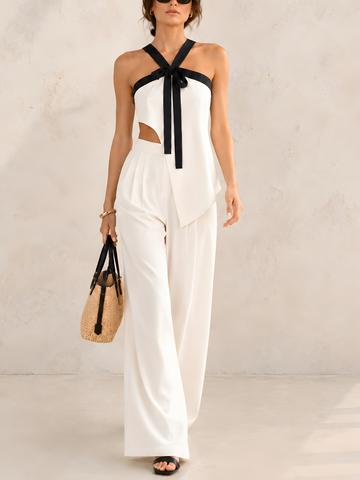White Woven Halter Neck Bow Top & High-Waisted Wide-Leg Pants Two-Piece Set