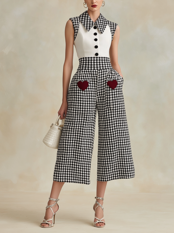 Vintage Houndstooth Heart-Pocket Jumpsuit | Retro Collared Wide-Leg Jumpsuit for Women