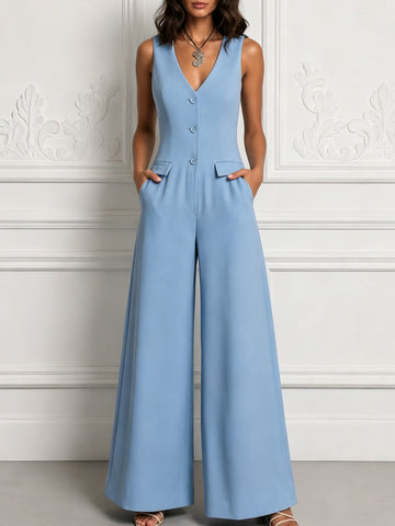 Sleeveless V‑Neck Tailored Sky‑Blue Wide‑Leg Jumpsuit