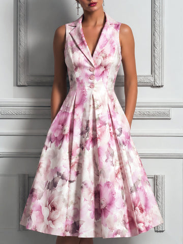 Sleeveless Lapel Watercolor Floral Fit‑and‑Flare Midi Dress
