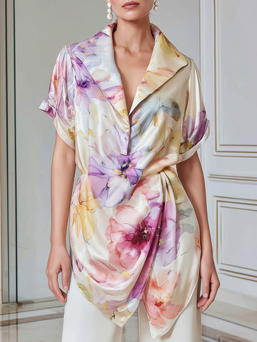 Watercolor Floral Satin Wrap Blouse With Waist Tie