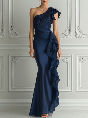 One-Shoulder Ruffle Cascade Satin Gown