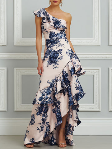 One-Shoulder Floral Cascade Ruffle Gown