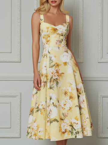 Yellow Watercolor Floral Print Sweetheart Neck Midi Dress