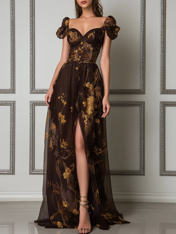 Sweetheart Neck Golden Floral Print Maxi Dress