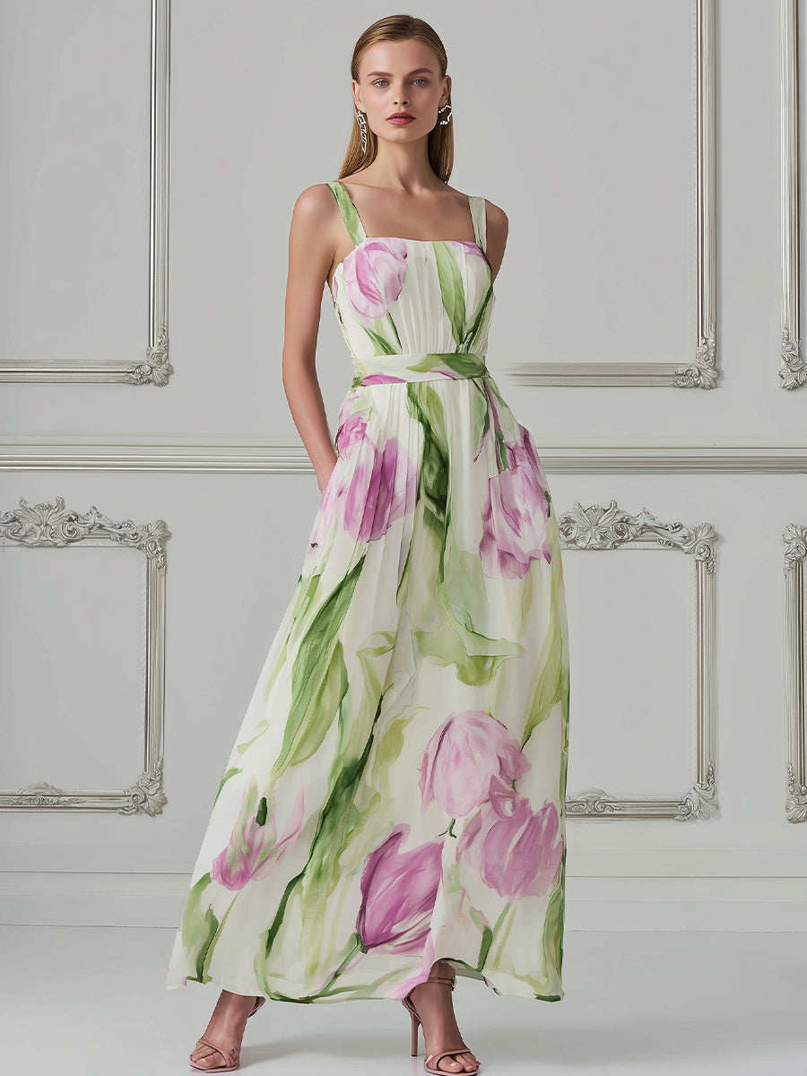 Watercolor Tulip Print Pleated Maxi Dress