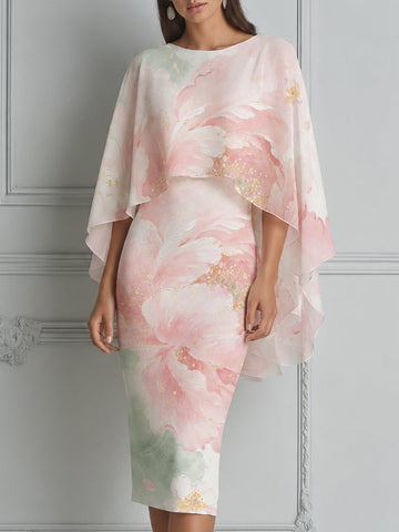 Round Neck Cape Sleeve Watercolor Pink Floral Print Dress