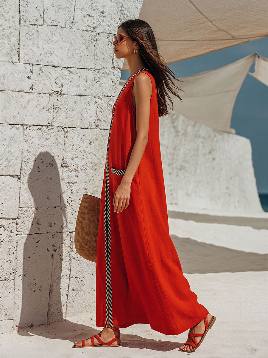 Vacation V-Neck Black And White Color Block Sleeveless Red Cotton-Linen Maxi Dress