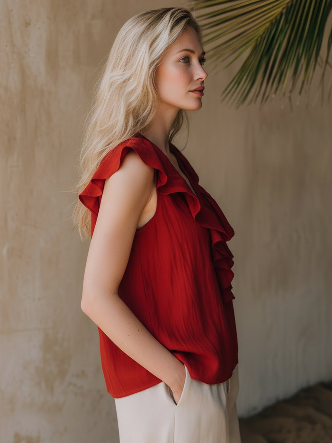 Bohemian-style Red Ruffled V-neck Cotton Linen Sleeveless Tank Top