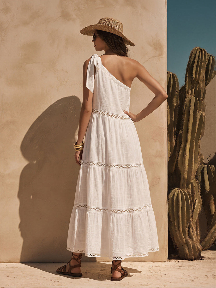 Bohemian One-Shoulder White Cotton-Linen Maxi Dress