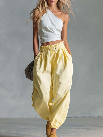 Casual Fashion White Cotton-Linen One-Shoulder Top And Light Yellow Pants Set