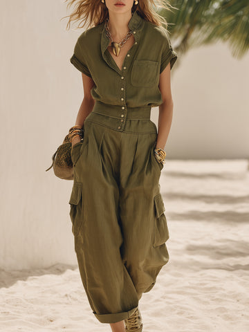 Casual Retro Vacation Olive Green Cotton Linen Short-Sleeve Shirt And Wide-Leg Pants Set