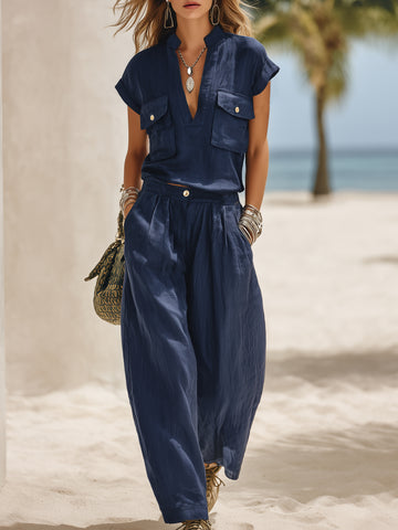 Casual And Relaxed Vacation Style Navy Blue Cotton Linen V-neck Top And Wide-leg Pants Set