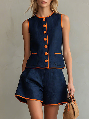 Casual Retro Color-blocked Blue Sleeveless Button-down Top And Shorts Set