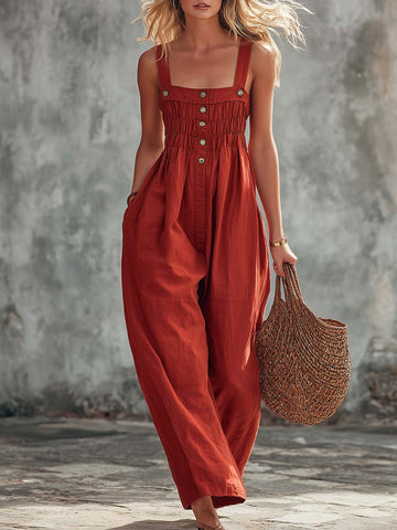 Retro Casual Square-Neck Front-Buttoned Terracotta Red Cotton Jumpsuit