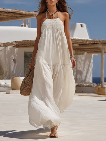 Aegean Leisure Off White Halter Ruched Tiered Linen Blend Maxi Dress