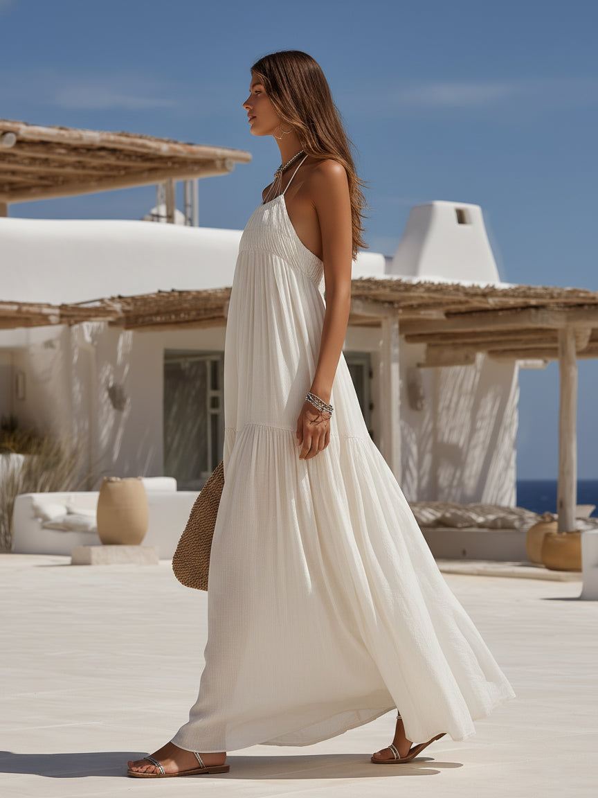 Aegean Leisure Off White Halter Ruched Tiered Linen Blend Maxi Dress