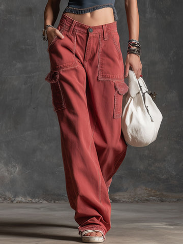 Casual Retro Red Frayed Multi-pocket Jeans