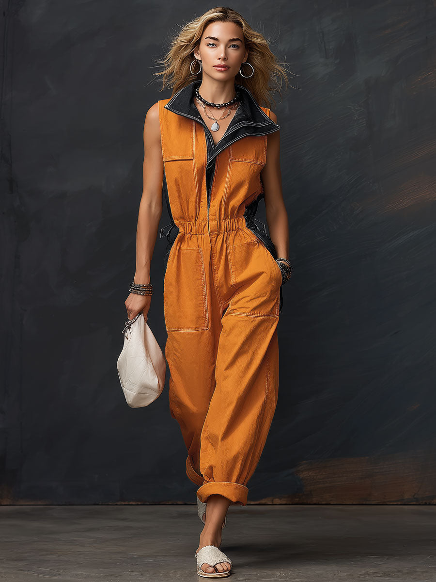 Casual Retro Black And Orange Denim Sleeveless Jumpsuit