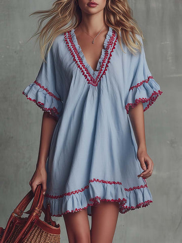 Vintage Bohemian V-neck Ruffled Hazy Blue Cotton-linen Mini Dress