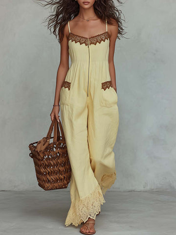 Women's Lace Trim Cotton Linen Wide Leg Jumpsuit With Front Zipper