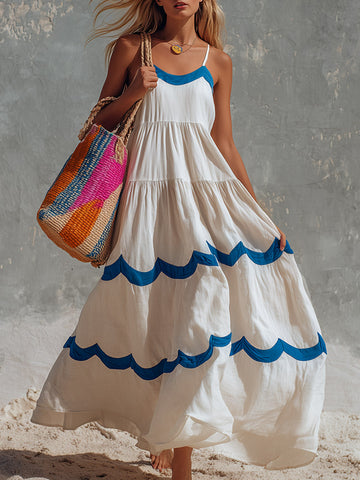 Retro Color-block Wavy Trim Off-white Cotton Camisole Maxi Dress