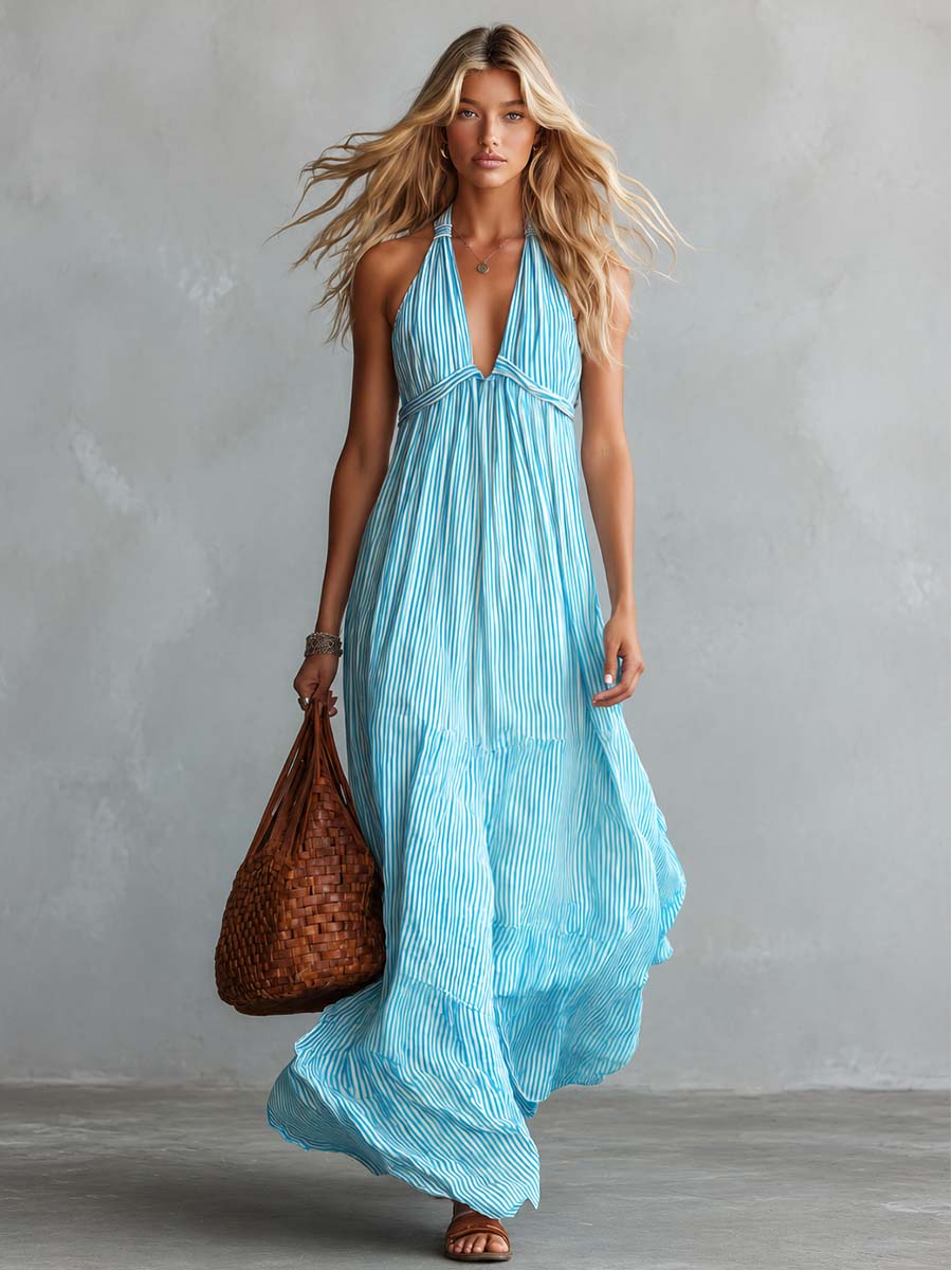 Flowy Stylish Halter V-neck Light Blue Striped Maxi Dress