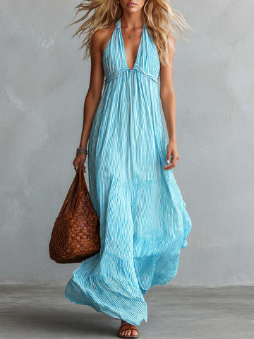 Flowy Stylish Halter V-neck Light Blue Striped Maxi Dress