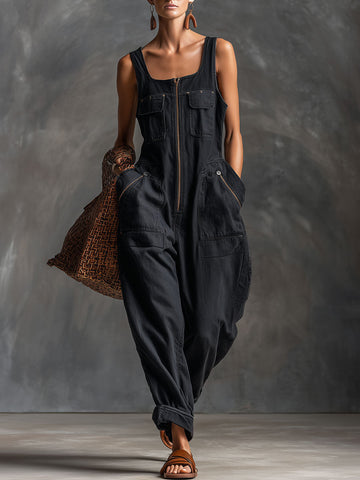 Casual Retro Black Denim Sleeveless Zip-up Jumpsuit