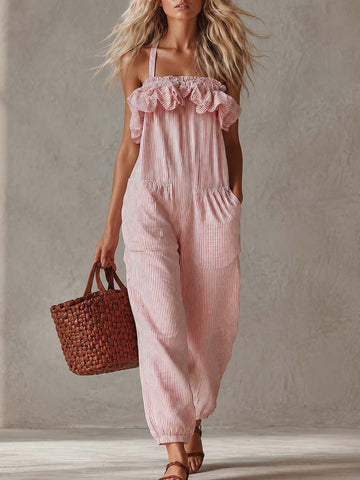 Retro Casual Pink Pinstriped Off-Shoulder Ruffled Jumpsuit
