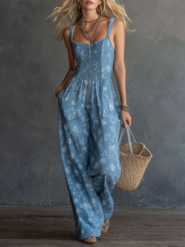 Vintage-inspired Romantic Blue Denim Floral Print Square-neck Jumpsuit