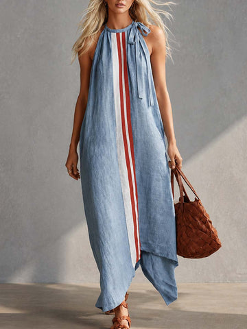 Casual Fashion Round Neck With Ties Contrast Light Blue Cotton-linen Maxi Dress