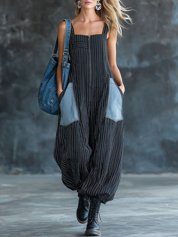 Casual Retro Black And White Striped Denim Sleeveless Zipper Balloon Jumpsuit