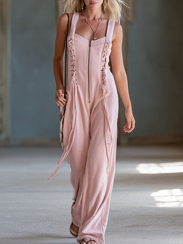 Casual Everyday Sporty Lace-Up Pink Square-Neck Cotton Jumpsuit