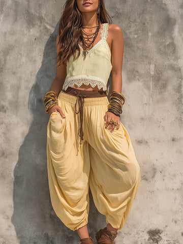 Retro-style Yellow Bohemian-inspired Top And Balloon-cut Cropped Trousers Set