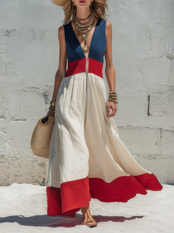 Vacation-style V-neck And Red-and-blue Color-block Sleeveless Off-white Maxi Dress