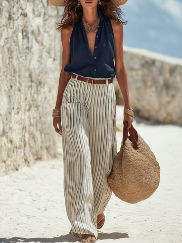 Vacation-style Dark Blue Sleeveless Shirt And Striped Wide-leg Trousers Set