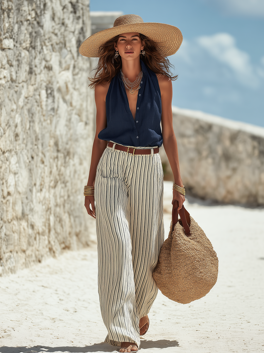 Vacation-style Dark Blue Sleeveless Shirt And Striped Wide-leg Trousers Set